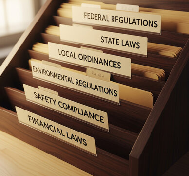 Wooden file cabinet with dividers labeled with various legal regulations.