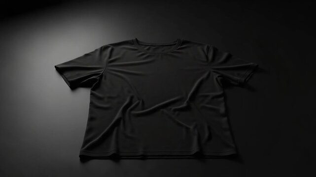 Black Short Sleeved T Shirt Laying Flat With Dark Background and Dramatic Lighting