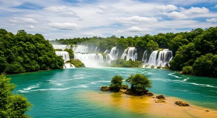 Scenic view of detian waterfalls cascading into turquoise river surrounded by lush green forest