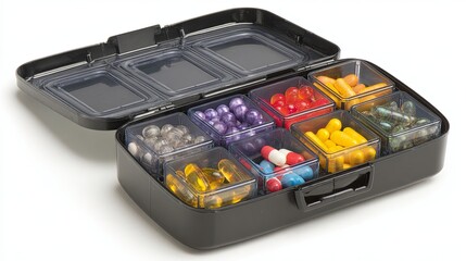 Plastic weekly pill organizer with labeled daily compartments filled with assorted medications, vitamins, and supplements for health, routine, and elderly care management

