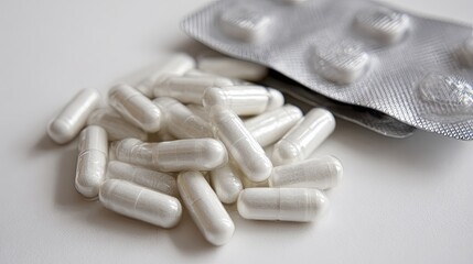 Pile of white pills in transparent plastic packaging on clean white background, representing healthcare, medical treatment, pharmaceutical industry, illness prevention and drug production concepts

