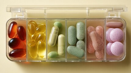 Plastic weekly pill organizer with labeled daily compartments filled with assorted medications, vitamins, and supplements for health, routine, and elderly care management


