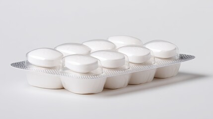 Pile of white pills in transparent plastic packaging on clean white background, representing healthcare, medical treatment, pharmaceutical industry, illness prevention and drug production concepts

