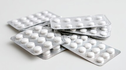 Pile of white pills in transparent plastic packaging on clean white background, representing healthcare, medical treatment, pharmaceutical industry, illness prevention and drug production concepts

