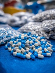 Assorted white, blue, and multicolored pills in blister packs arranged in a pile, representing modern healthcare, medicine, treatment, pharmaceutical products, and medical supply concepts

