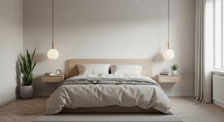 Cozy Minimalist Bedroom with Neutral Tones and Pendant Lights for Modern Home Decor