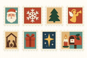 Flat Design Christmas Postage Stamp Icons, Festive Holiday Mail Set