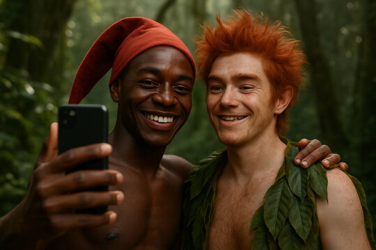 Saci e Curupira tirando uma selfie na floresta