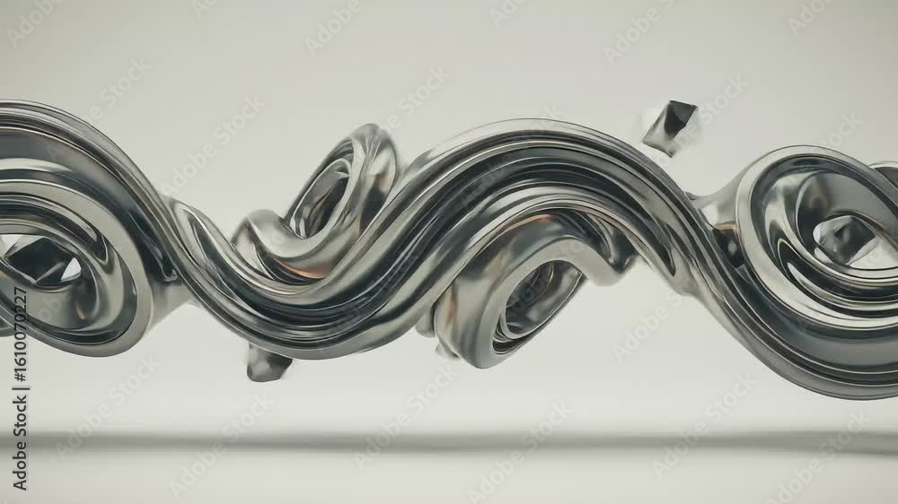 Poster abstract metallic sculpture displaying fluid curves and twists, set against a minimalist background