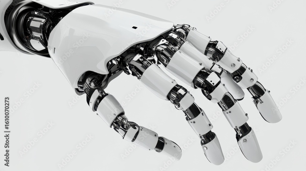 Poster a highly detailed robotic hand showcasing articulated fingers and a sleek design. ideal for concepts