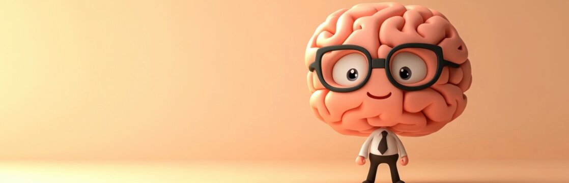 A cheerful cartoon brain character wearing glasses and a suit stands confidently, representing creativity and intelligence in a fun, engaging way. Ideal for educational content. - Powered by Adobe