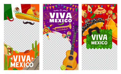 Fototapeta premium Viva Mexico social media banners templates with mexican holiday round frames. Vector fiesta guitar, maracas and sombrero hats, Mexico flag, cactus and chili, taco, burrito and pinata cartoon banners