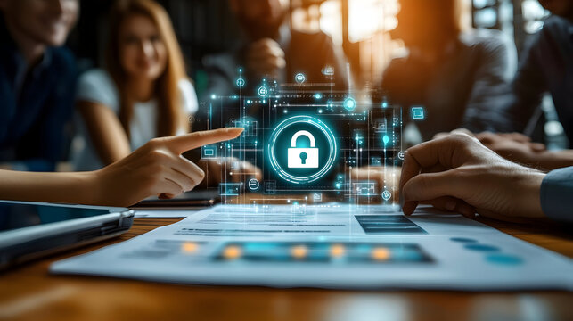 Business meeting focused on cybersecurity, showcasing digital lock graphics and teamwork in a modern office