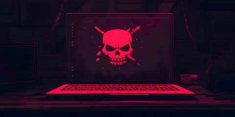 Hacker leak concept illustration - Digital artwork of a glowing pink skull on a laptop screen, set in a dark, tech-inspired workspace