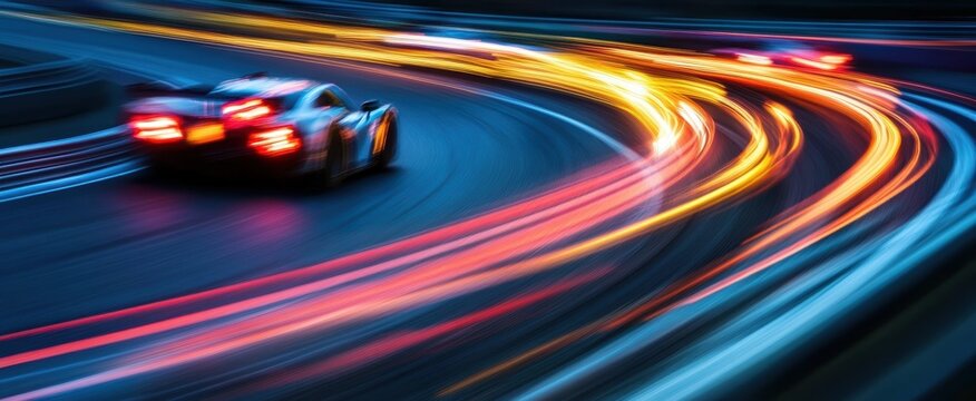 Dynamic Motion of a Race Car on a Curved Track with Light Trails at Night