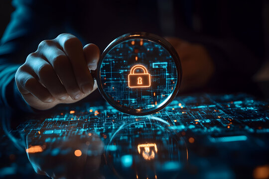 Hand holding magnifying glass, security engineer identifying data security vulnerabilities in internet network, locked padlock icon 