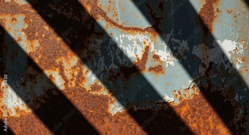 Poster abstract rust and shadow: textured metal surface with striking light play.