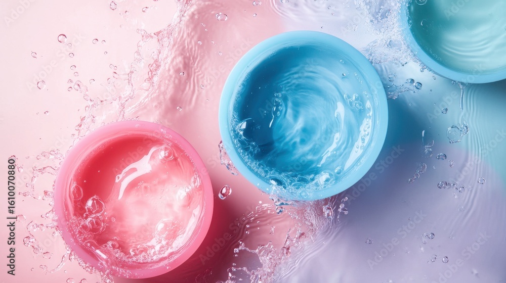 Poster vibrant bowls of water create a stunning splash effect against a soft pink and blue background. the 