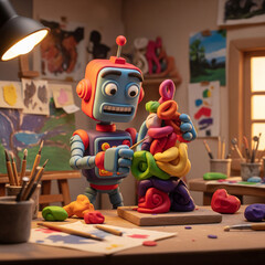 A charming claymation-style AI robot creates a colorful, abstract sculpture from modeling clay in a cozy workshop, showing AI in creative daily life.