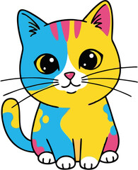 Fototapeta premium Adorable cartoon kitten, blue and yellow fur, large eyes, sitting.