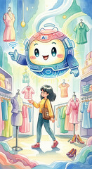 In a watercolor-style clothing store, a cute, floating AI robot assistant helps a young woman shop, recommending personalized apparel choices.
