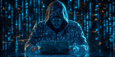 Hacker leak concept illustration - Hooded hacker criminal with bokeh monitor screen background. Cyber internet security protection concept