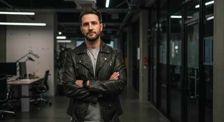 Confident man in leather jacket stands in modern office space with sleek design and contemporary furnishings, exuding professionalism and style