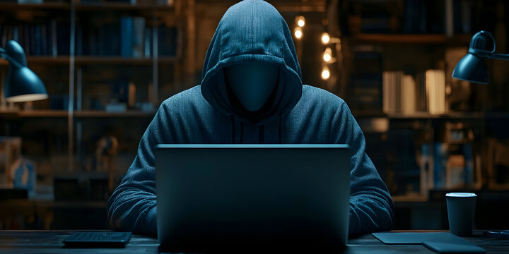 Hacker leak concept illustration - Mysterious figure in a hoodie working intently on a laptop in a dimly lit library filled with books
