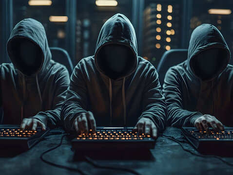 Hacker leak concept illustration - Hacker leak reveals three anonymous figures typing illuminating a citys dark secrets. Suitable for cybersecurity and technology concepts. - Powered by Adobe