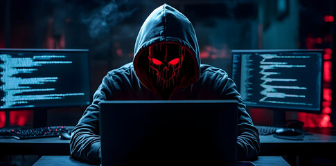 Hacker leak concept illustration - Mysterious hacker in a dark room, illuminated by glowing screens, immersed in coding amidst a cyber backdrop