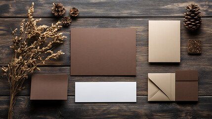 Rustic Stationery Mockup with Brown Paper, Envelopes, and Natural Decor on Wooden Background