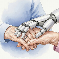 A watercolor illustration of an AI robot caregiver's hand gently holding an elderly person's hands, symbolizing empathy, support, and companionship in senior care.