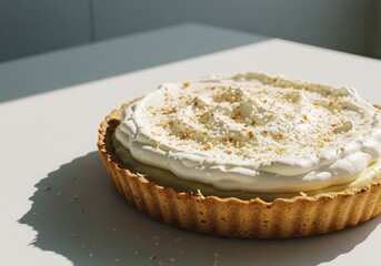 Creamy Dessert Pie with Whipped Topping and Crushed Nuts on a White Table