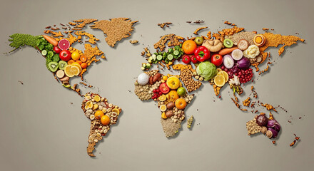 World Map Made of Fresh Fruits and Vegetables for World Food Day