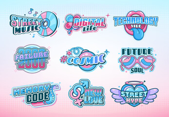 Y2k icons, nostalgic stickers and phrases set. Street music, digital life, technology vibe, styled with glossy effects, pastel gradients, and retro futuristic early 2000s digital culture aesthetics