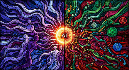 AI as the Bridge Between Humanity and Creativity : A vibrant stained glass artwork depicting AI connecting human figures with a flow of musical notes and symbols.