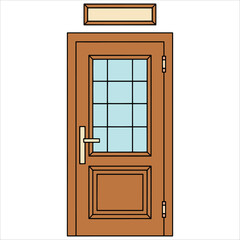 Flat design of a closed school classroom door with glass and nameplate, entry or inside room icon for office, education, or building design