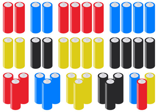 乾電池4色 2本組・3本組・4本組のセットイラスト