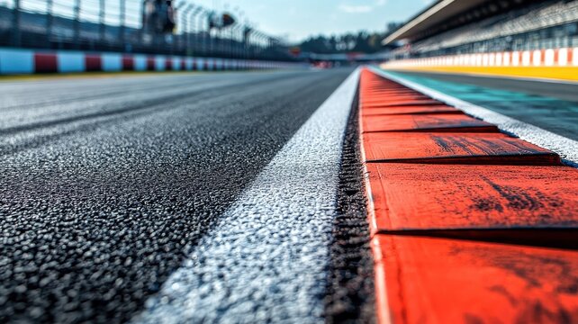 This close-up shot captures an empty Formula 1 track pit area, highlighting the intricate details of the asphalt surface and vibrant pit lane markings.