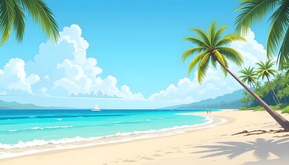 Obraz premium A scenic beach with palm trees, turquoise water, white sand, and a sailboat on a sunny day