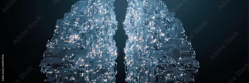 Aufkleber digital circuitry overlays brain hemispheres representing the fusion of technology and human cogniti