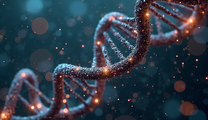 A detailed close up of a dna strand with a dark blue background and glowing orange particles around it