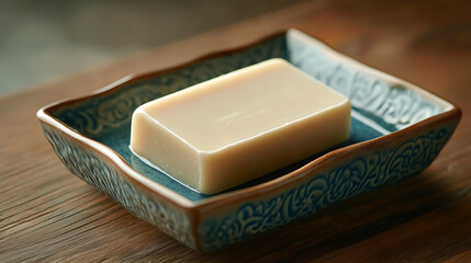 Natural Handmade Soap on Elegant Ceramic Dish – Rustic Skincare Product Presentation
