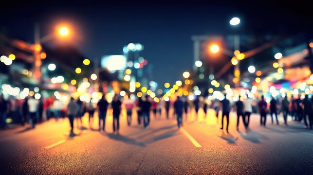 Night street scene with blurred city lights and pedestrians walking on the road