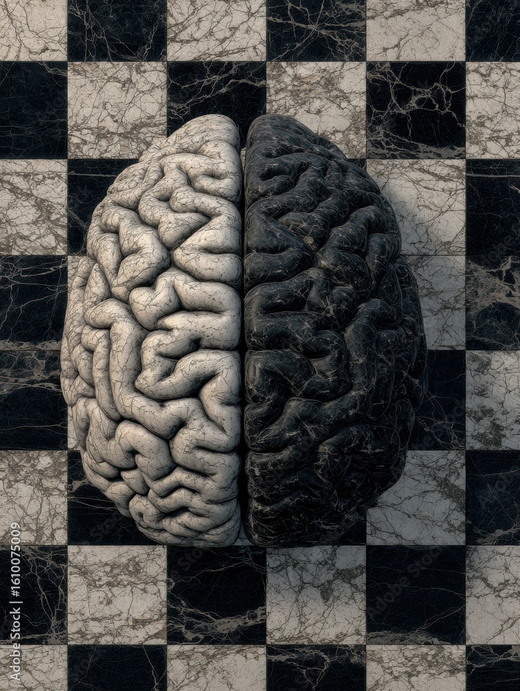 Poster chessboard seamlessly merging with human brain texture representing cognitive strategies and intelle