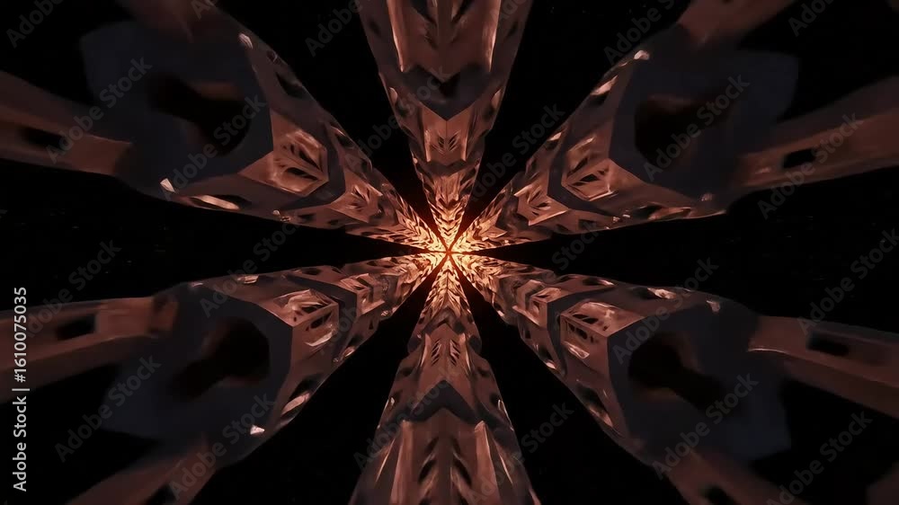 Poster abstract view of towering structures converging towards a glowing center in a cosmic setting