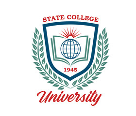 University college icon. Vector emblem with globe, book and laurel wreath in shield frame. Educational badge with sunburst, green leaves, blue lines. Academic label for global knowledge and learning