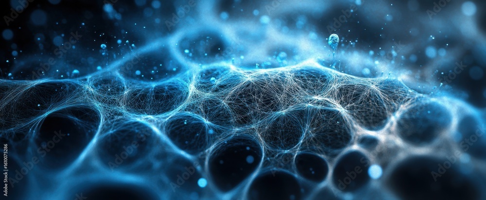 Poster explore an abstract blue background featuring glowing wavy lines and bubbles. this visually captivat