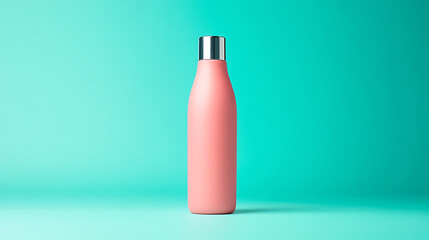 Minimalist Pink Reusable Bottle with Chrome Cap on Turquoise Background – Sustainable Product Mockup