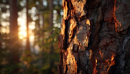 Obraz premium Close-up of tree bark in forest with soft sunlight and blurred background
